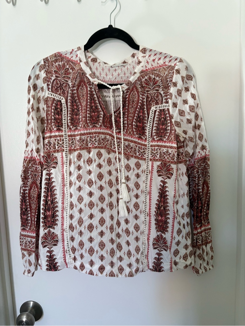 Boho Tassel Tie White & Rust Printed Peasant Top